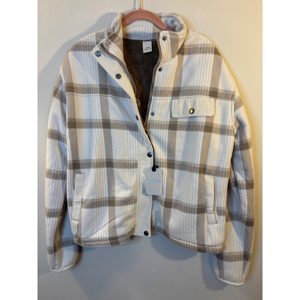 New Better Unsaid Beige Plaid Fleece Jacket XL cozy outdoors